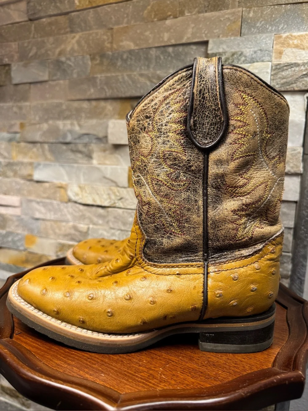 Kids Sz 4 Mex 21 Soto Broad Square Toe Ostrich Print Tan Honey Cowboy Boots EUC